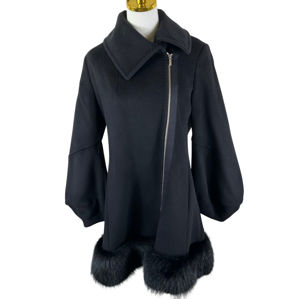 BCBGMAXAZRIA Wool Blend Coat M Black Asymmetric Zip Moto Faux Fur Lantern Sleeve